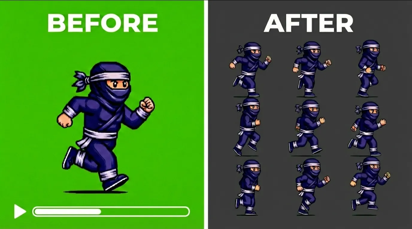 Before and after comparison showing a single running animation on the left and a full sprite sheet exported with Sprite Smithy on the right.